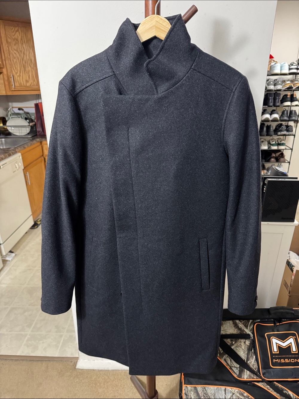 Men's Gray Wool-Blend Funnel Collar Pea Coat